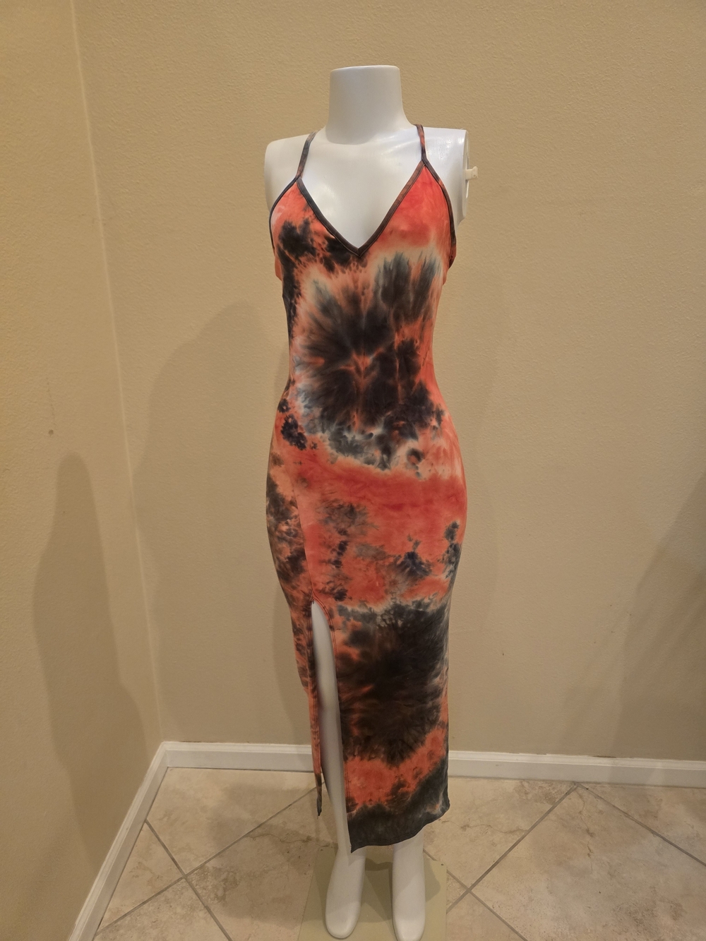 Brand New! Tie-Dye V-Neck Spaghetti Strap Maxi Dress in Orange and Black
